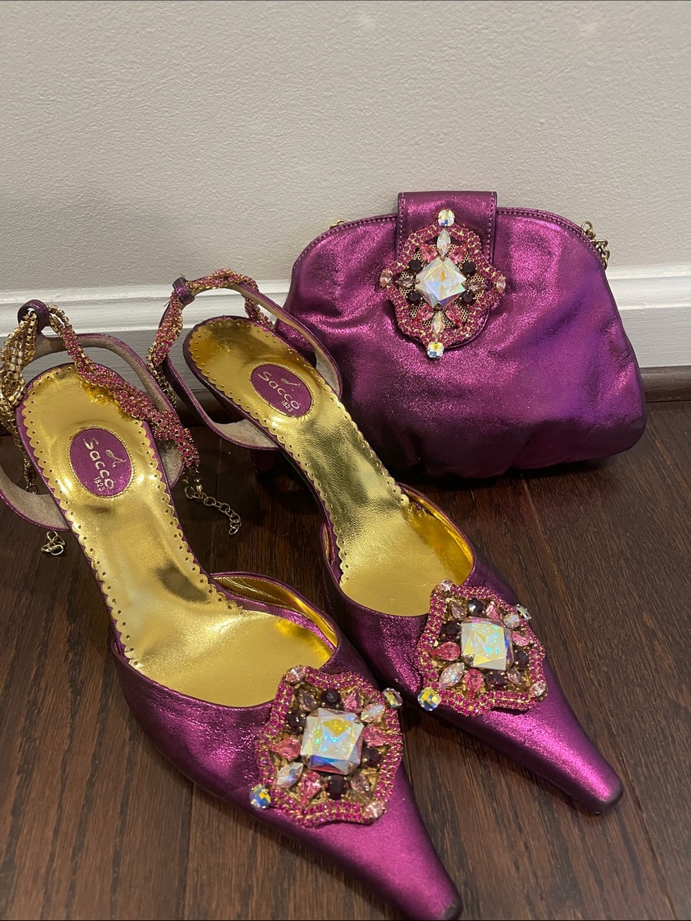 Women's Fuchsia Jeweled Satin Slingback Heels with Matching Clutch